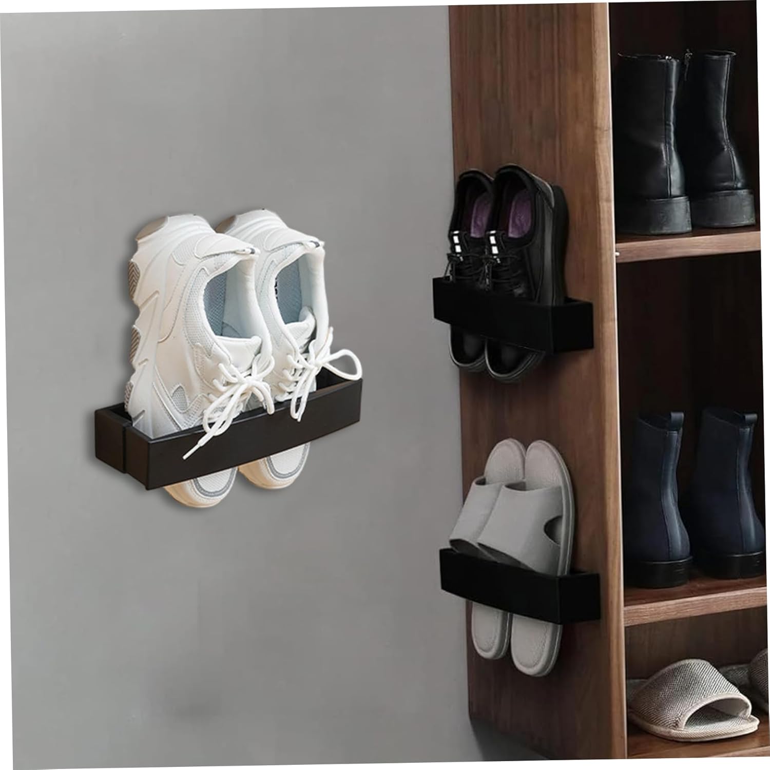 Wall Mounted Shoe Rack 4 Pack Wall Shoe Rack with Sticky Hanging Strips, 11x2 Retractable Plastic Holder, Space Saving for Bedroom, Kitchen, Living Room and Rv
