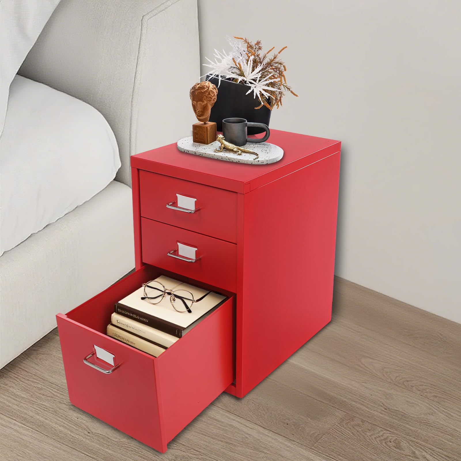 Armadietto mobile con 3 cassetti, raccoglitore sotto la scrivania, armadio in metallo con ruote, armadietto portaoggetti per casa e ufficio (rosso)