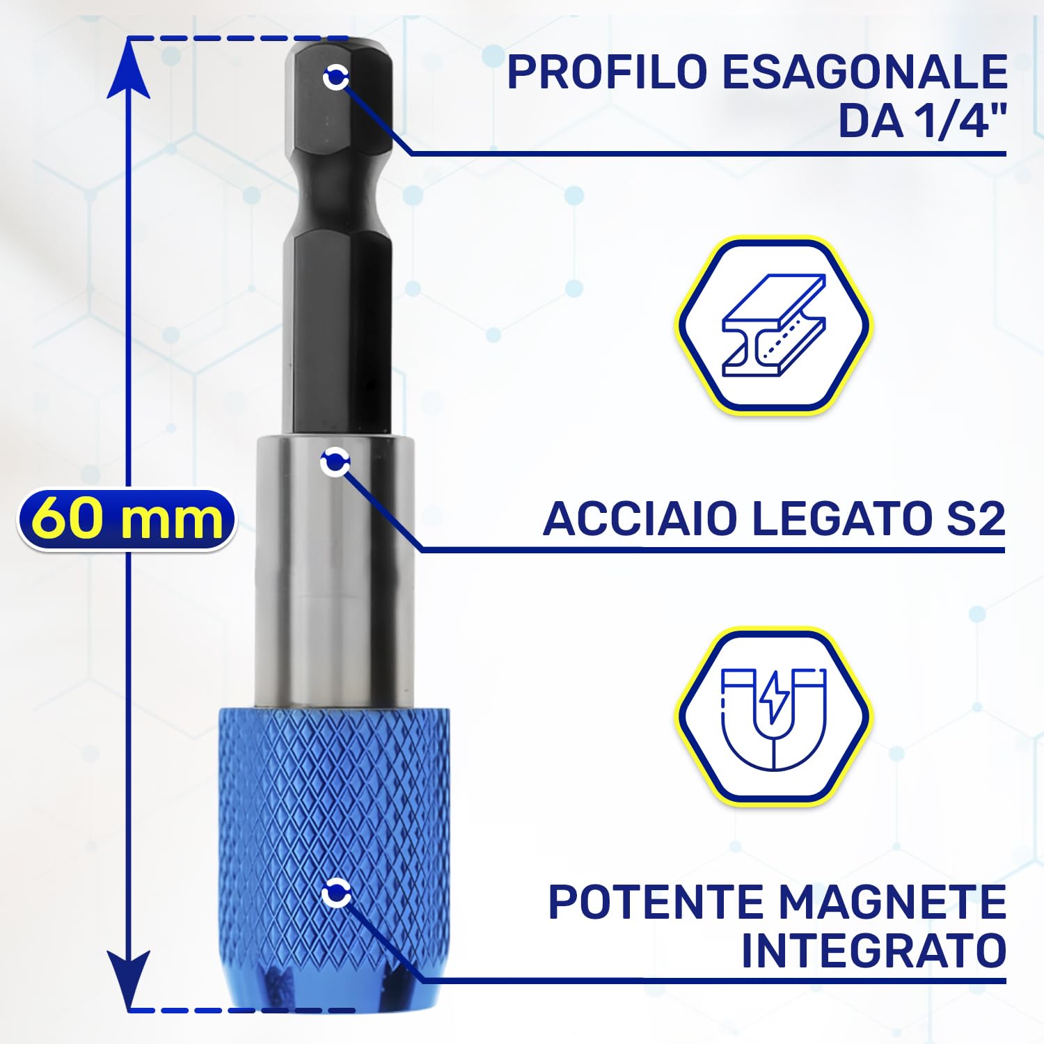 2 Pezzi Portainserti Magnetico 1/4" x 60 mm con Bloccante in Alluminio per Inserti - Porta Inserti Universale per Trapano e Avvitatore - Realizzato in Acciaio al Cromo Vanadio - MONTERAL