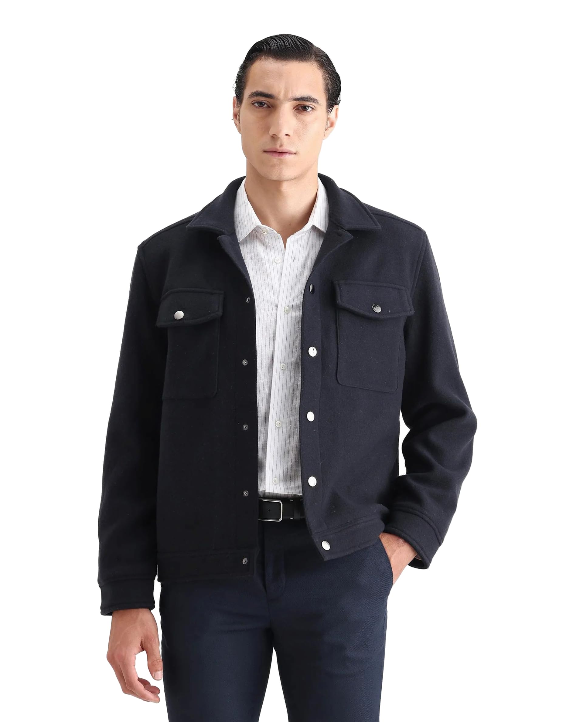 rare rabbit Men Relaxed Fit Dark Navy Textured Polyester Snap Button Jacket-picture-35