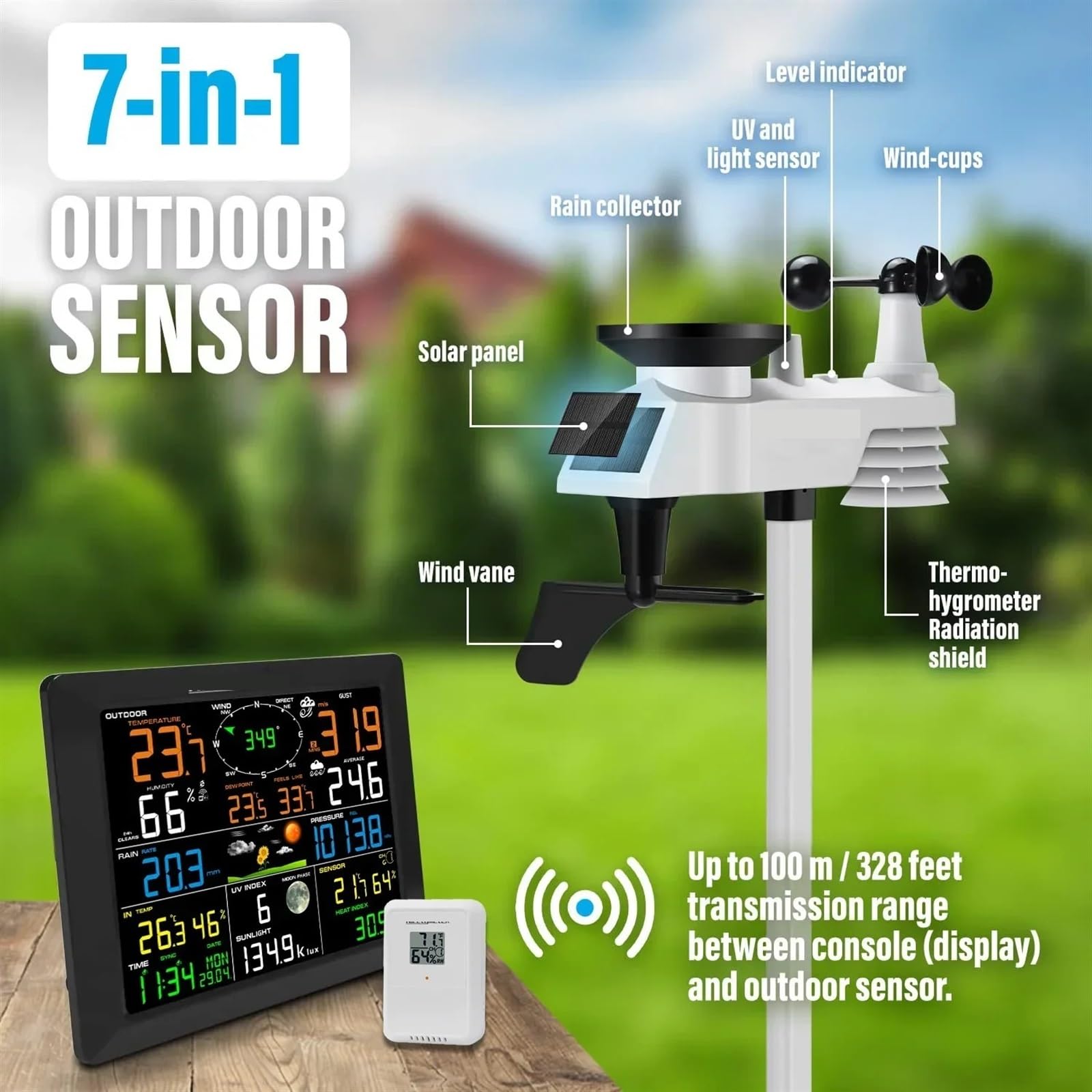 0320 Stazioni meteorologiche wireless Ampio display da 10 pollici Termoigrometro for interni ed esterni Pluviometro Velocità del vento Supporti a 8 canali