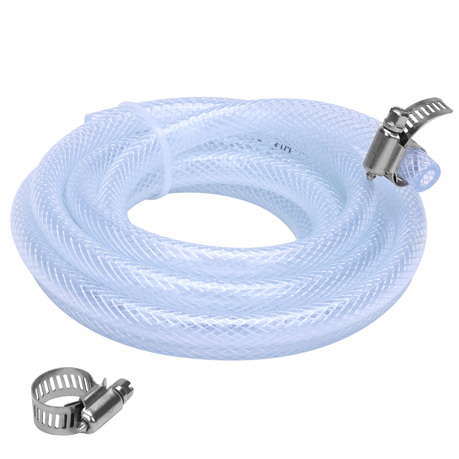 Soft Braided PVC Tubing - 1/4" x 7/16" OD High Pressure Clear Flexible PVC Tube Reinforced Vinyl Hose for Water, Oil with 2pcs Hose Clamps (10Ft)
