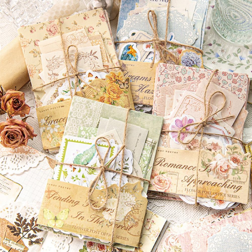 CRASPIRE 100Pcs Pink Vintage Floral Scrapbook Paper Supplies Kits Textured Assorted Set Mixed Flower Papers Memo Labels Journal Collage Card Album Sticker Retro Craft Planner