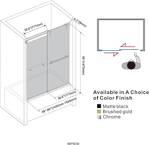Miniatura 7 de Puerta corrediza de cristal para bañera, 56-60 pulgadas de ancho x 58 pulgadas de alto, sin marco, para baño, vidrio templado transparente de 516