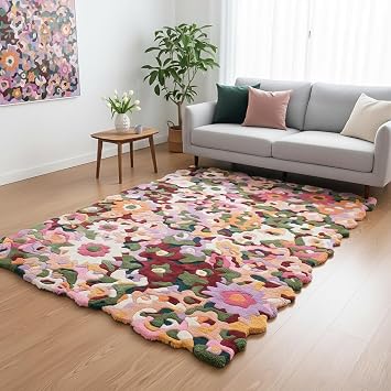 Restoration and Renovation Handmade Colorful Floral Viscose & Wool Area Rug - Spring Garden Overflow The Frame - Unique Irregular Shape Flower Rug | Perfect for Home Decor Colorful-Viscose, 3 x 5