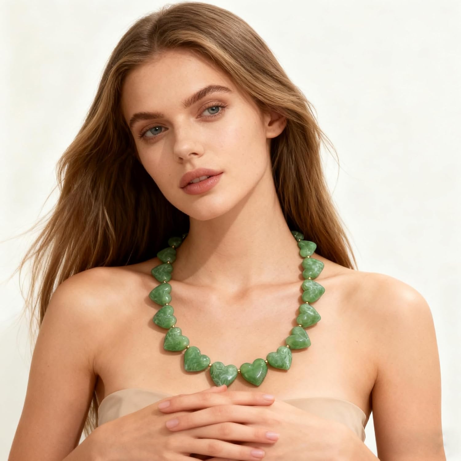 Green Heart Statement Necklace for Women Acrylic Chunky Heart Beaded Choker Jewelry Gift - Image 4