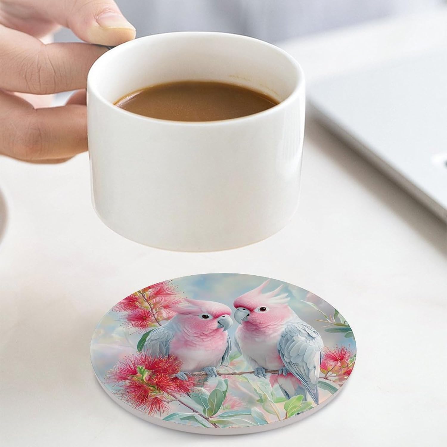 Cockatoos and Flowers Round Ceramic Coasters Print Drinks Absorbent with Cork Base for Home Decor Gifts 4 Inch