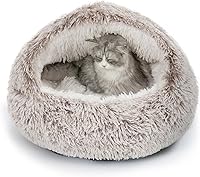CATISM Plush Hooded Cat Bed Cave: Self-Warming Calming Nest for Indoor Cats & Small Dogs, Removable Washable Cover, Non-Slip Bottom