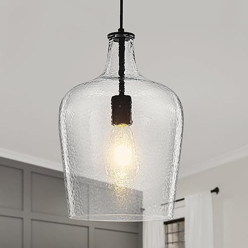Iluminación colgante de vidrio soplado de 9.3 pulgadas para isla de cocina, lámpara colgante grande negra con vidrio grueso soplado, 1 luz colgante