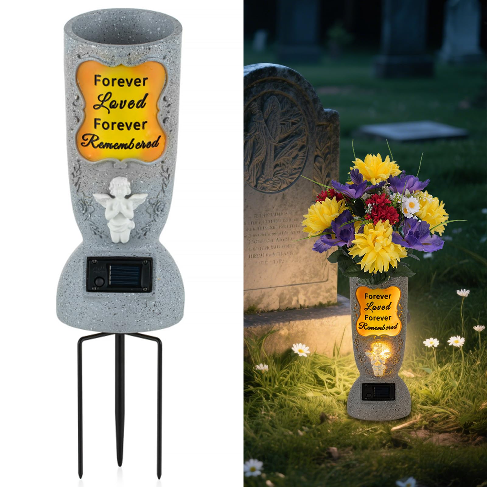 Solar Cemetery Grave Vase: 1 LED Angel Flower Vase with Spikes for Graves - Grave Flower Holder for Cemetery Decorations - Outdoor Memorial Vases for Loss of Loved One image 4