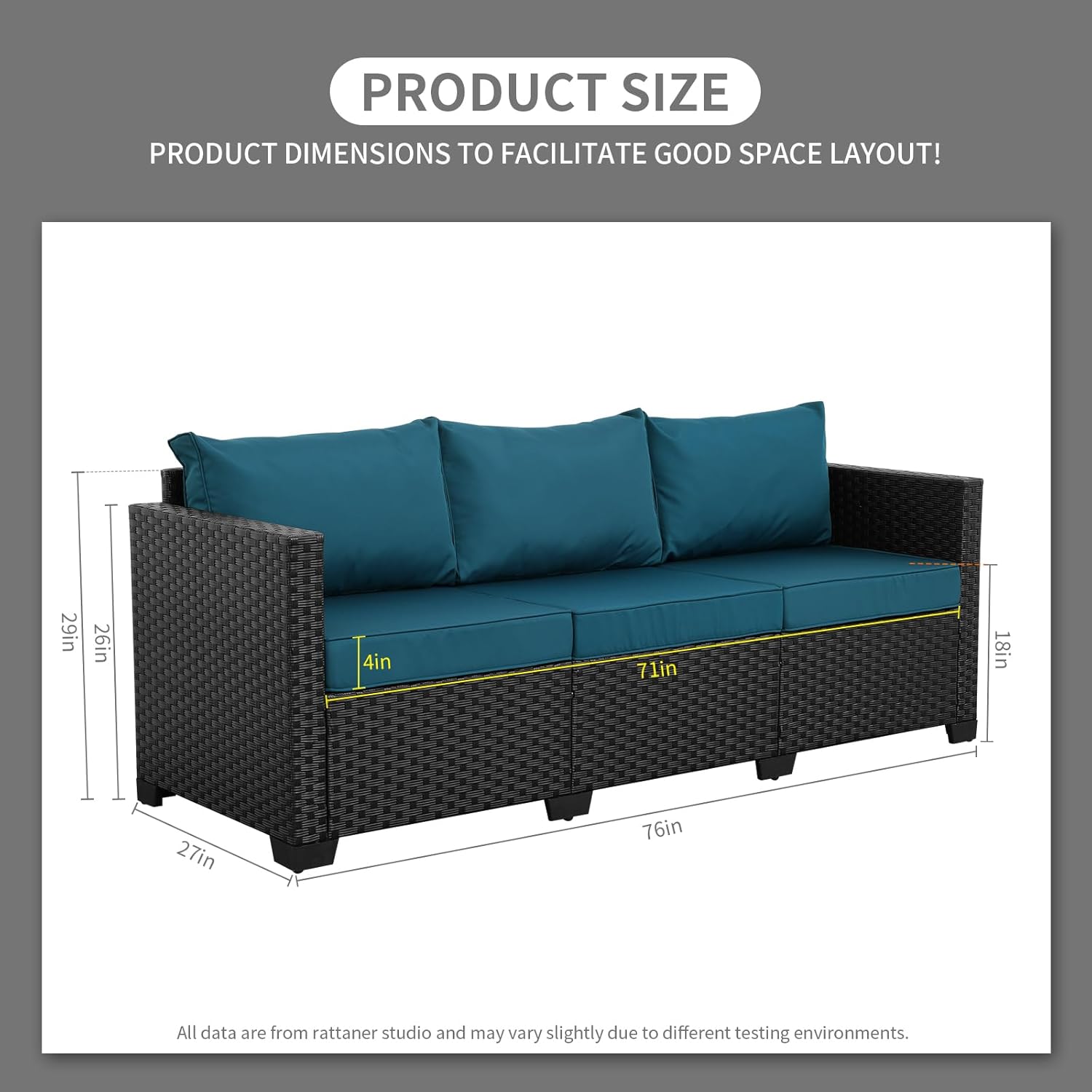 Rattaner Outdoor Furniture Outdoor Couch Patio Furniture 3-seat Sofa Deep Seat Hight Backrest with Waterproof Cover and Anti-Slip Cushions, Peacock Blue