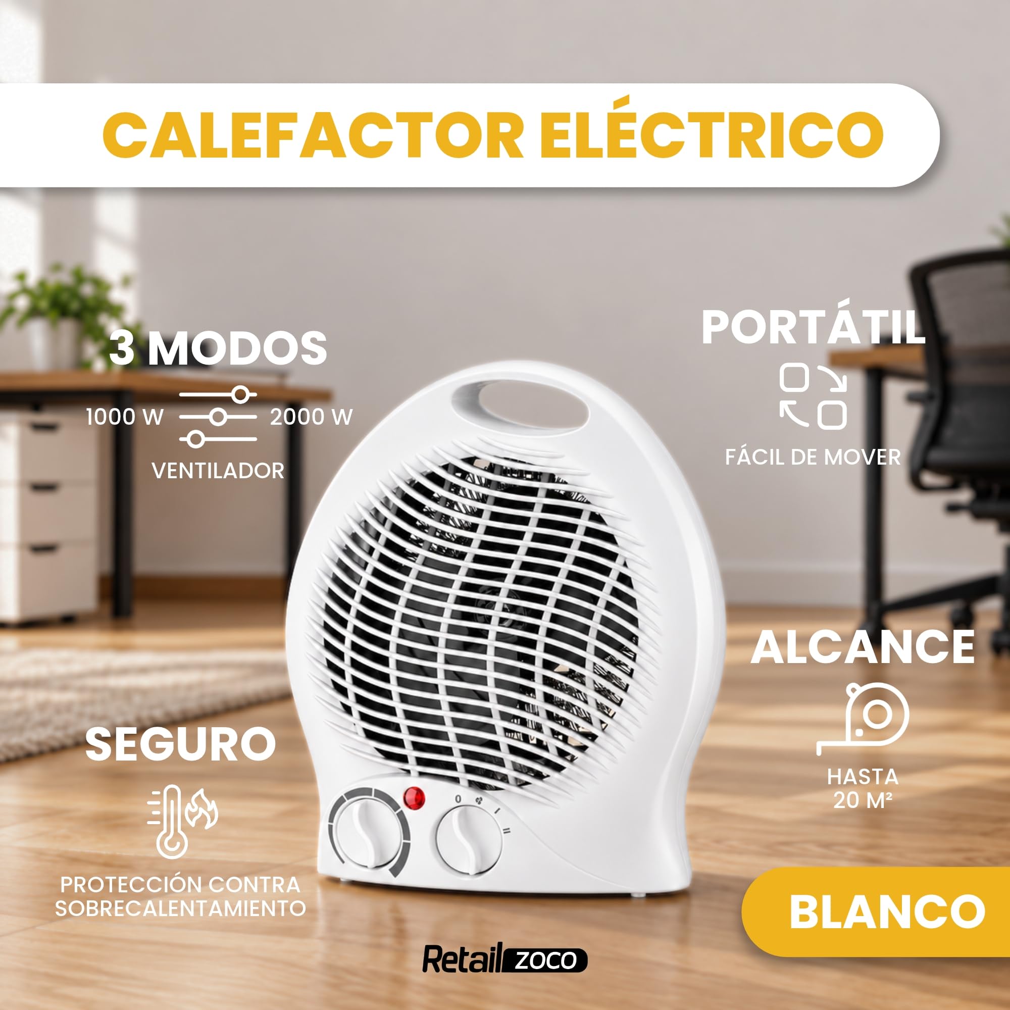 Calefactor Eléctrico 1000/2000 W con Termostato Regulable y 3 Modos, Blanco - imagen 2