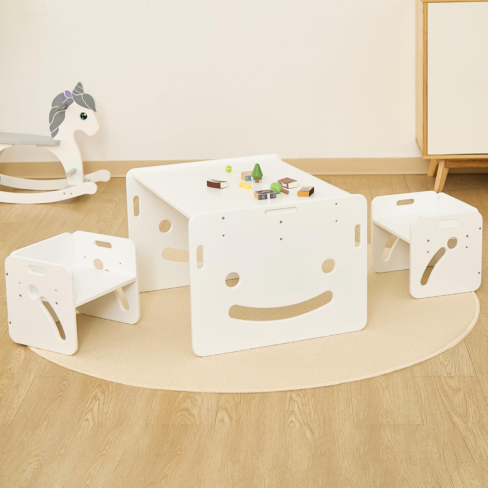 FUNLIO Set Tavolo e 2 Sedia Montessori per Bambini 1-3 Anni, Altezza Regolabile, Ideale per Leggere/Mangiare/Giocare, Montaggio Semplice, Certificato CPC - Bianco