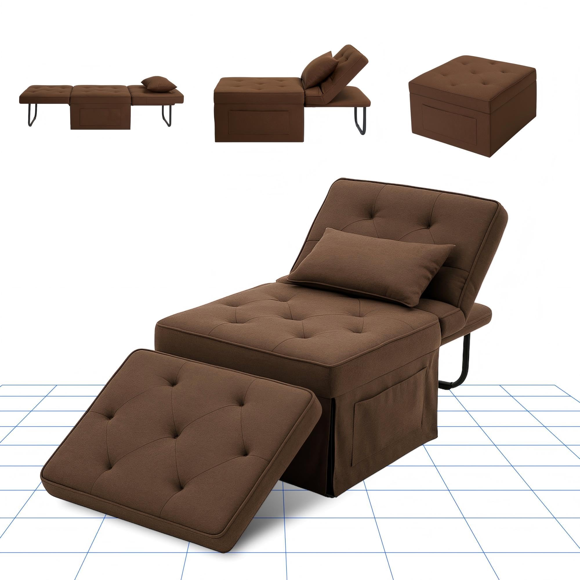 FLEXISPOT Schlafsessel 4 in 1 mit bettfunktion, Gästebett Schlafsofa mit Verstellbarer Rückenlehne, geeignet für Wohnzimmer, Schlafzimmer, Balkon, Belastbar bis 300kg, umwandelbarer Stuhl Bett(Khaki)