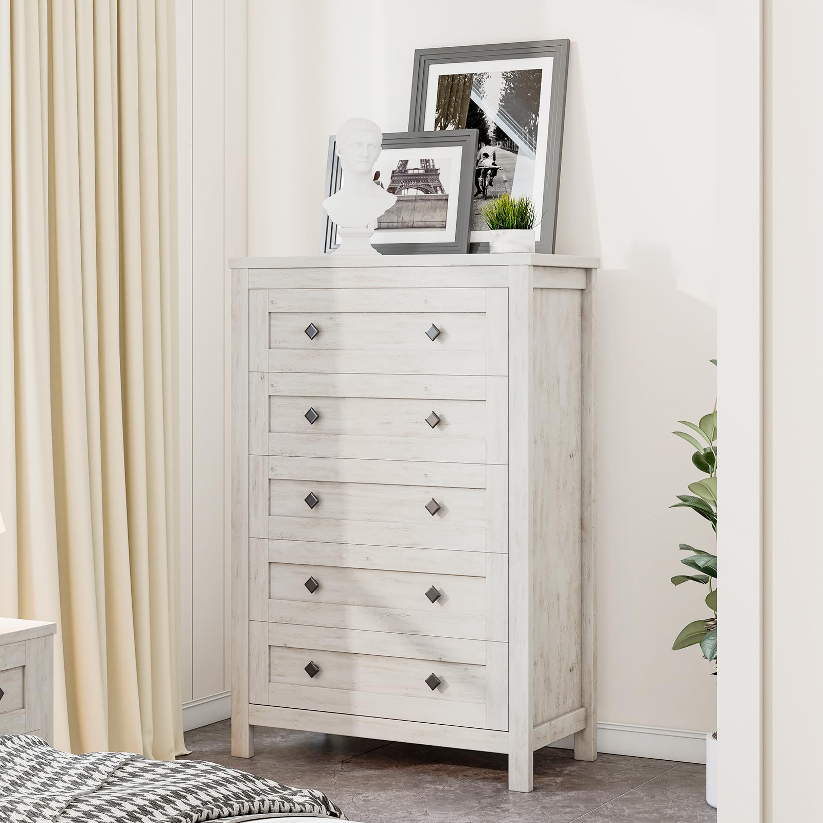 LUXOAK Farmhouse 5 Drawers Dresser, Wood Rustic Chest of Drawers for Bedroom, Tall Dressers Organizer with Metal Handles, 5 Drawers Chest for Living