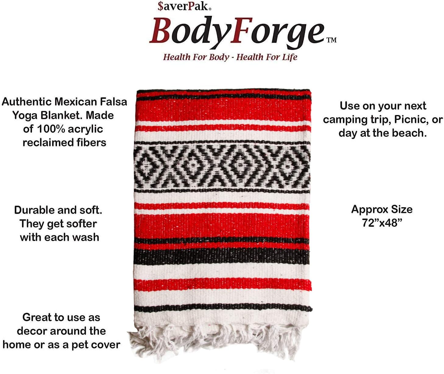 $averPak BodyForge Authentic Mexican Falsa Yoga Blanket (Red/Black/White)