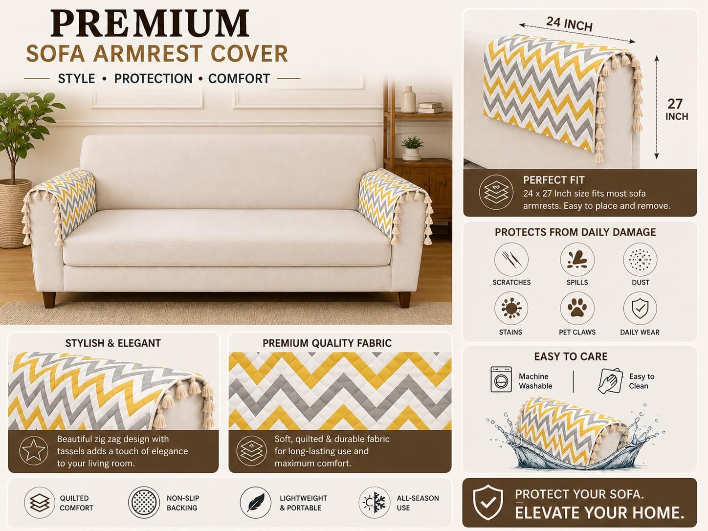 Yellow Velvet Sofa Armrest Covers - Anti-Slip & Washable -2