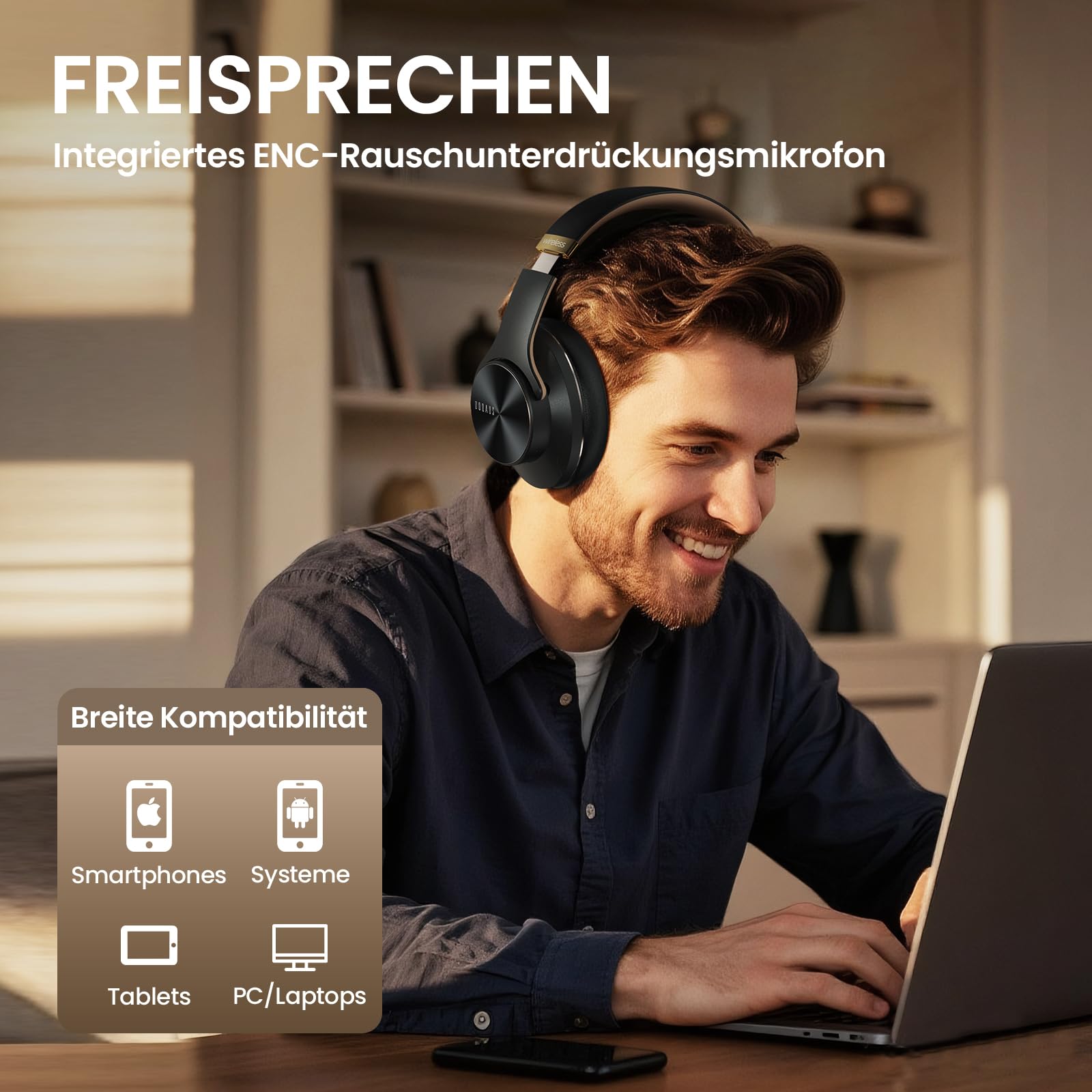 DOQAUS Kopfhörer Kabellose Bluetooth, Bluetooth Kopfhörer Over Ear mit App Steuerung & 9 EQ Modi, 90 Std. Akkulaufzeit, HiFi Stereo Bass, Leicht Faltbar mit Mikrofon, für Reisen, Arbeit & Alltag, Grau