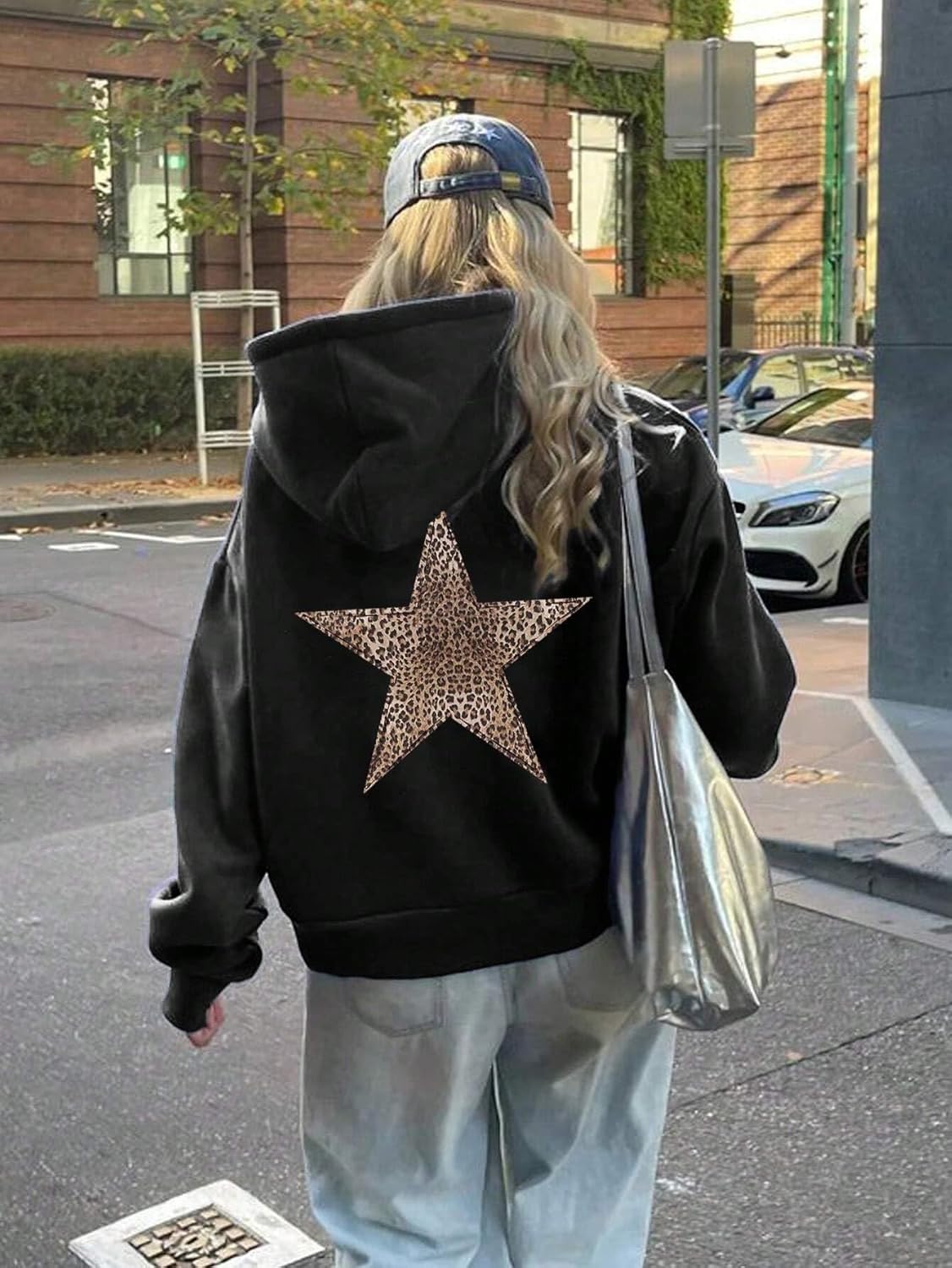 Womens Cheetah Leopard Star Hoodie Cheetah Star Print Hooded Sweatshirt Casual Pullover Tops - Image 2