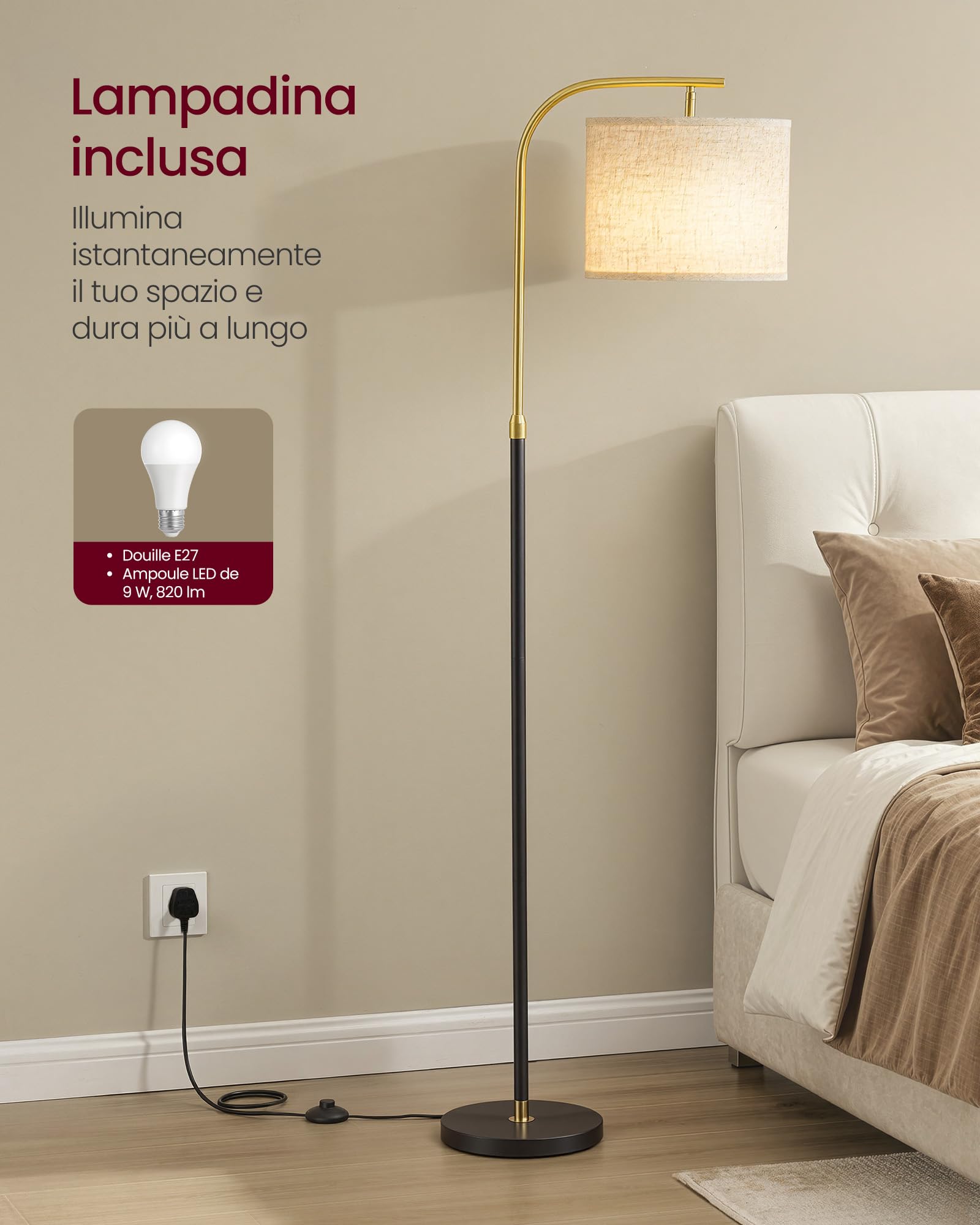 VASAGLE Lampada da Terra ad Arco, Lampada da Lettura Regolabile in Altezza, 150-175 cm di Altezza, Moderna, con Interruttore a Pedale, Paralume in Tessuto, Attacco E27, Nero Opaco LFL006BD02