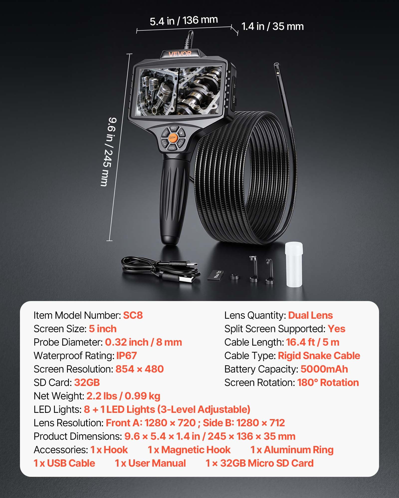 VEVOR Telecamera Endoscopica Articolata a Doppia Lente con Luce, Rotazione a 360°, Schermo IPS HD da 5'', Funzione Schermo Diviso, Zoom 8x, Cavo Impermeabile IP67 da 5 m, per Settore Auto e Idraulica