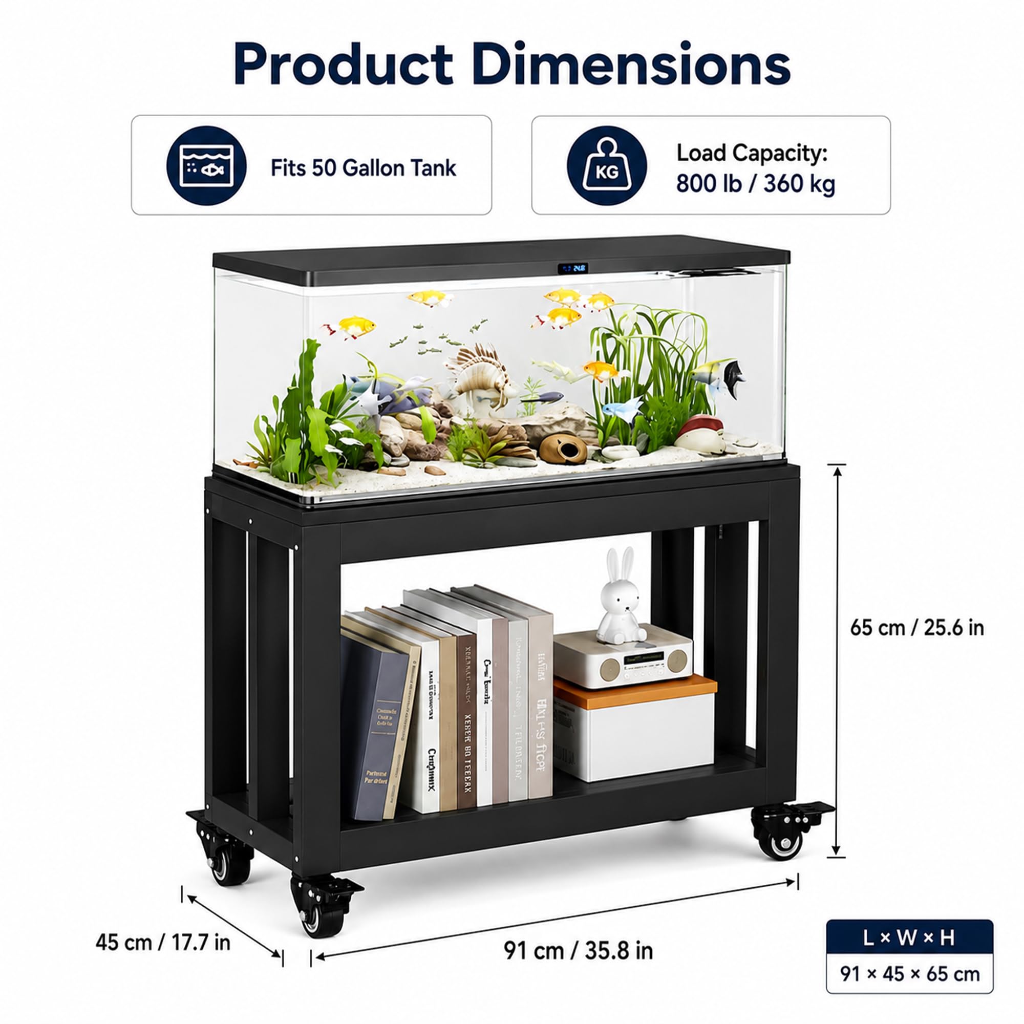 JSWHYBD Mueble para acuario 184 L con ruedas, soporte terrario de 2 niveles | Base robusta y estable con estante para salón, oficina, peces, tortugas y reptiles(C)