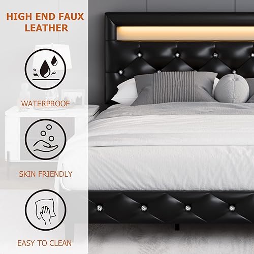Miniatura 6 de Keyluv Moderno marco de cama Queen tapizado con luces LED, base de cama de piel sintética de bajo perfil, cabecera capitoné ajustable con botones de