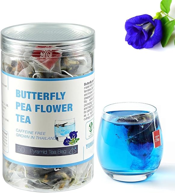 50 Sacs à thé à la fleur de pois séchés bleu violet Thai Herbal Tea Bleu Purple Pea Tea, sans caféine, sans gluten, sans OGM Idéal pour la cuisine, le thé glacé, les refroidisseurs, les cocktails et les queues de poule