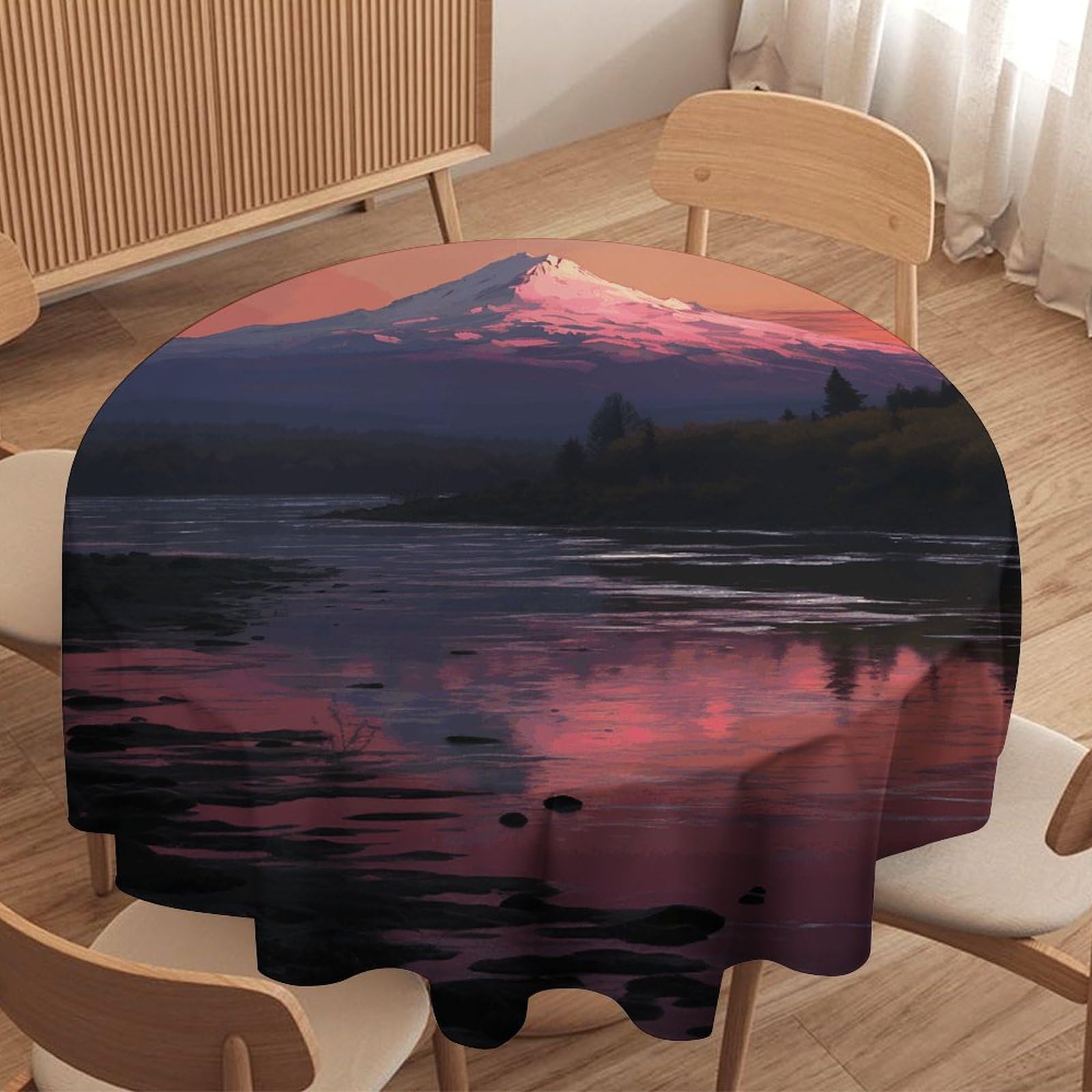 Nappe ronde motif coucher de soleil paysage de montagnes et lac pour cuisine