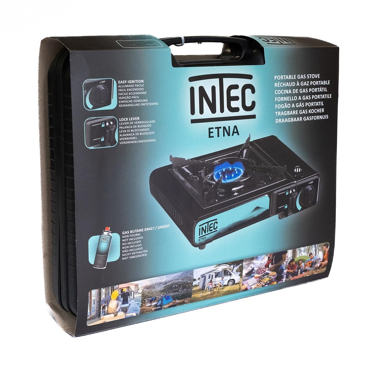 INTEC - Fornello a gas portatile 2200 W + 8 cartucce gas butano Camping Road Trips Piezo Valigetta Etna