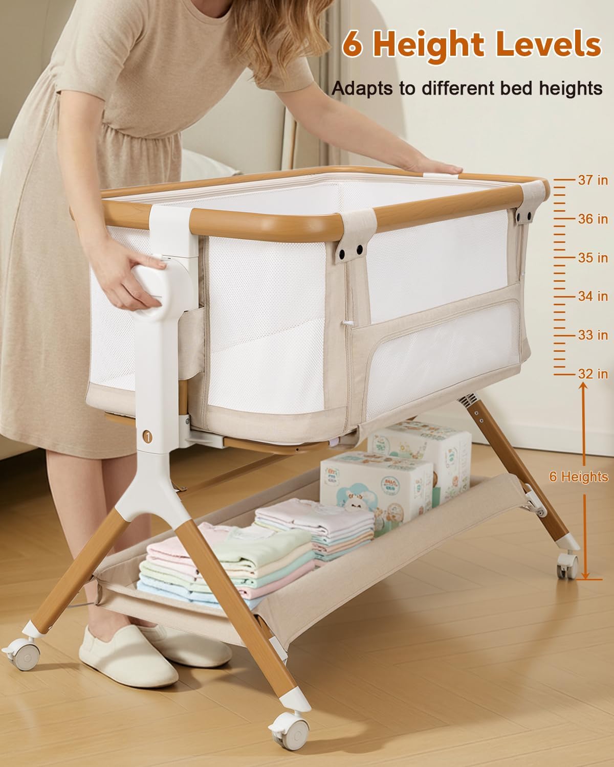 3 in 1 Baby Bassinet, Rocking Bassinet, Bedside Sleeper for Baby, Breathable Full-Mesh, 6 Height Adjustable, Comfy Mattress, Lockable Wheels, Storage Basket, Stable and Cozy Crib for Newborn Infant