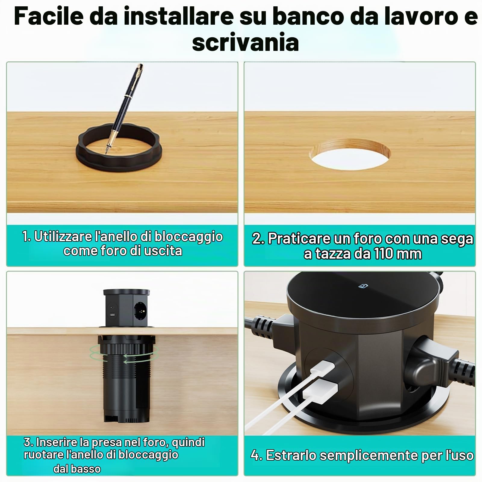 Presa Telescopica,PPresa a Scomparsa 3 Scomparti con 1 USB C 1 USB-A 2500W 16A Cavo Da 1,5M, Ciabatta Per Caricabatterie Wireless Da 15W, Adatta Per Piani Di Lavoro, Cucine, Uffici