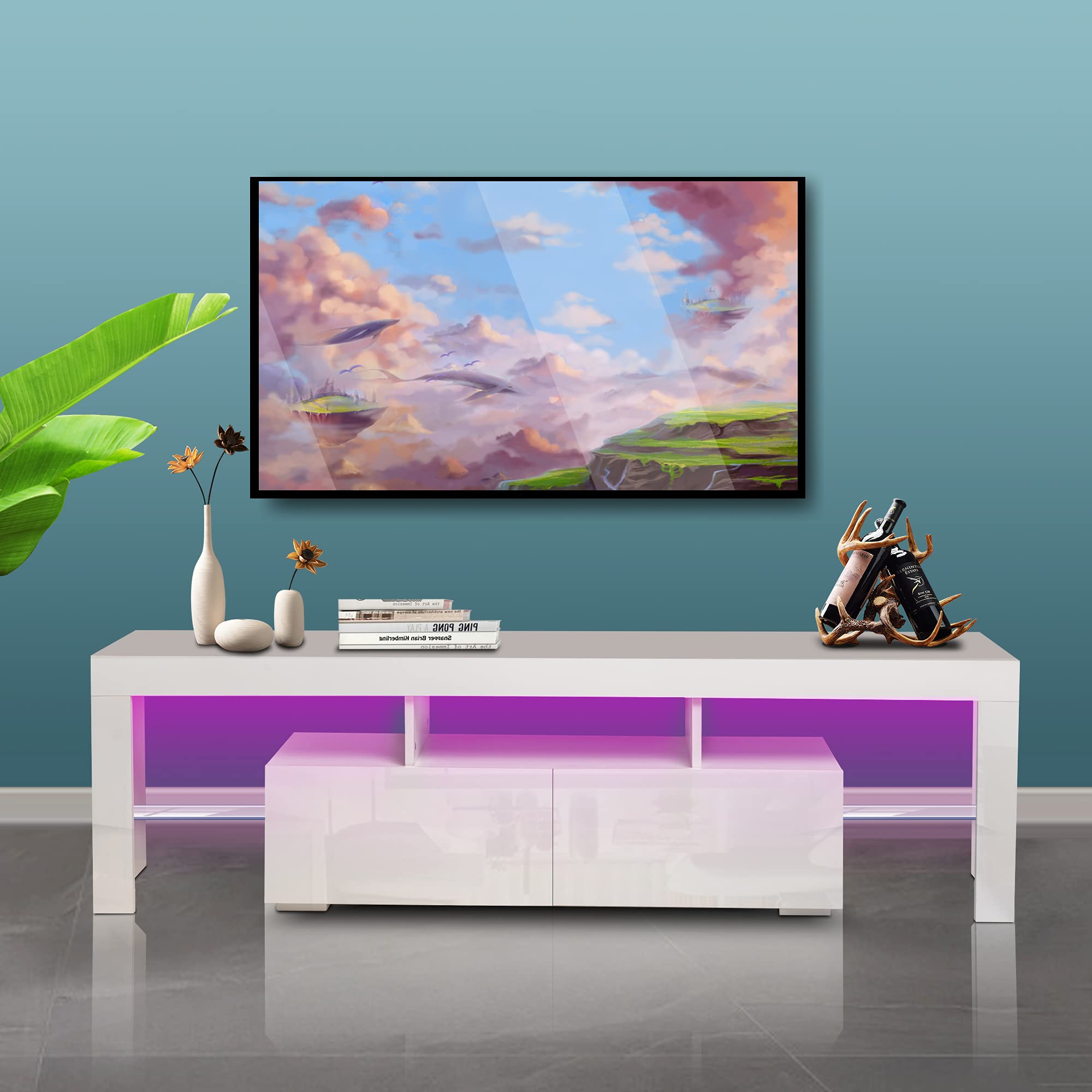 Harper & Bright Designs White Modern TV Stand with 16Color LED Lights