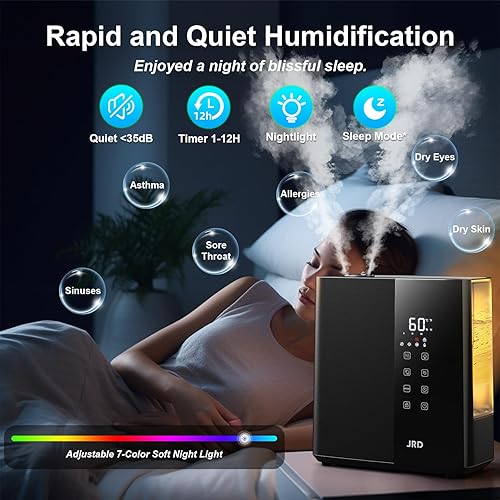 Miniatura 4 de JRD Humidificadores de niebla cálida y fría para dormitorio, 5 L, humidificador de aire ultrasónico silencioso, alivio rápido de los síntomas,