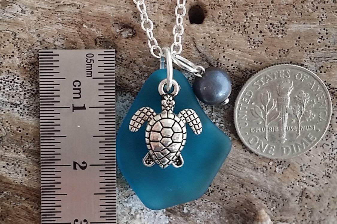 Handmade in Hawaii, teal blue sea glass necklace, sea turtle charm, Freshwater purple pearl, (Hawaii Gift Wrapped, Customizable Gift Message)