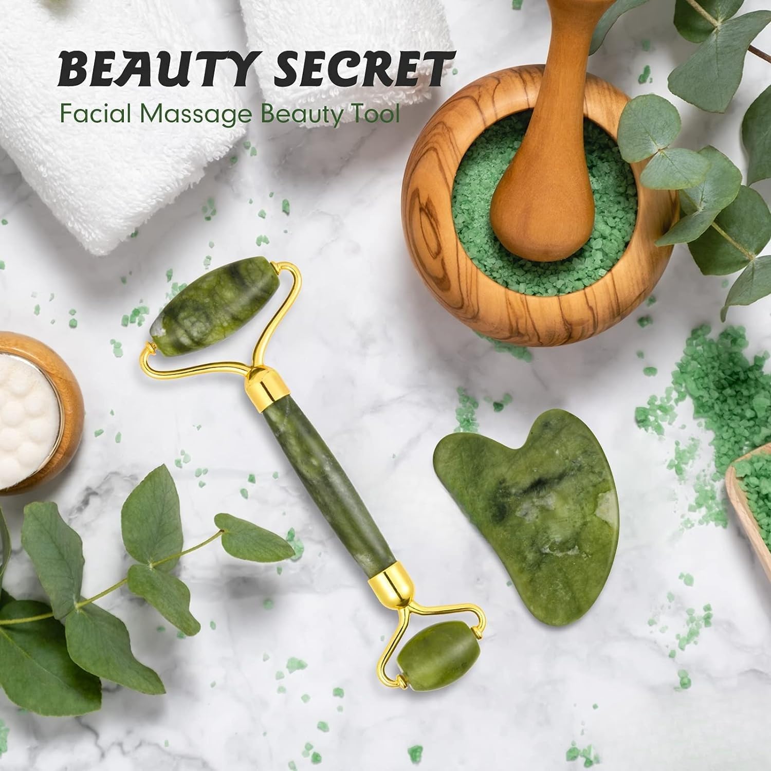 KEMETHY Jade Roller & Gua Sha Set Face Roller Anti-Aging Facial Roller Natural Green Jade Beauty Massager Tool Skin Care Tool for Face Neck Eye to Reduce Wrinkles Airtight (Pack of 1) 3
