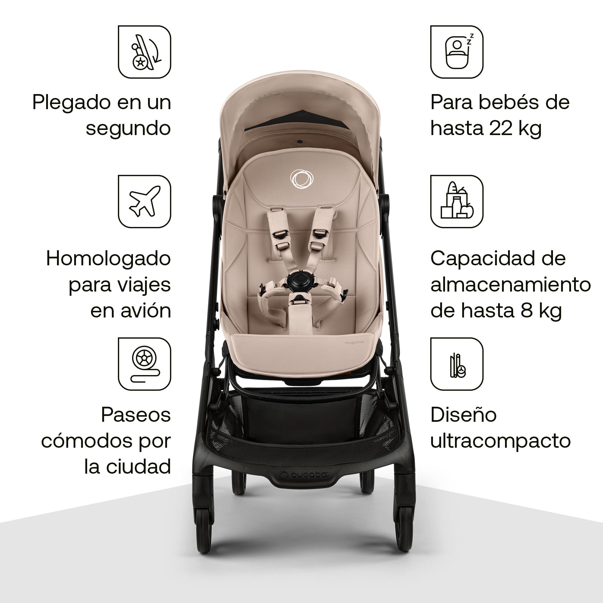 Bugaboo Butterfly 2 Silla de Paseo de Viaje – Pack con Barra de Seguridad y Cubierta para Lluvia – Ligera, Plegable a Una Mano y Asiento Reclinable, de 6 meses a 4 Años – Desert Taupe