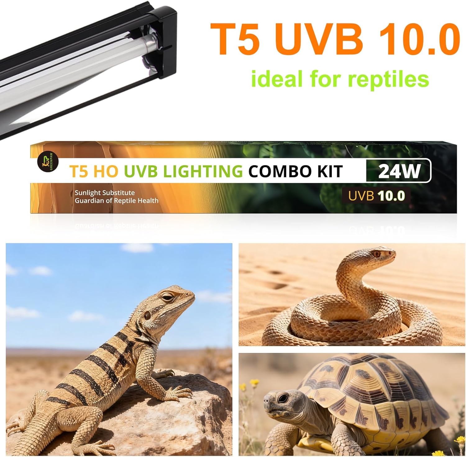 T5 UVB Light for Reptiles, 10.0 24W HO UVA UVB Reptile Light Fixture, 22 Inch Lamp Tube for Bearded Dragon Tortoise Lizards Reptiles and Amphibians