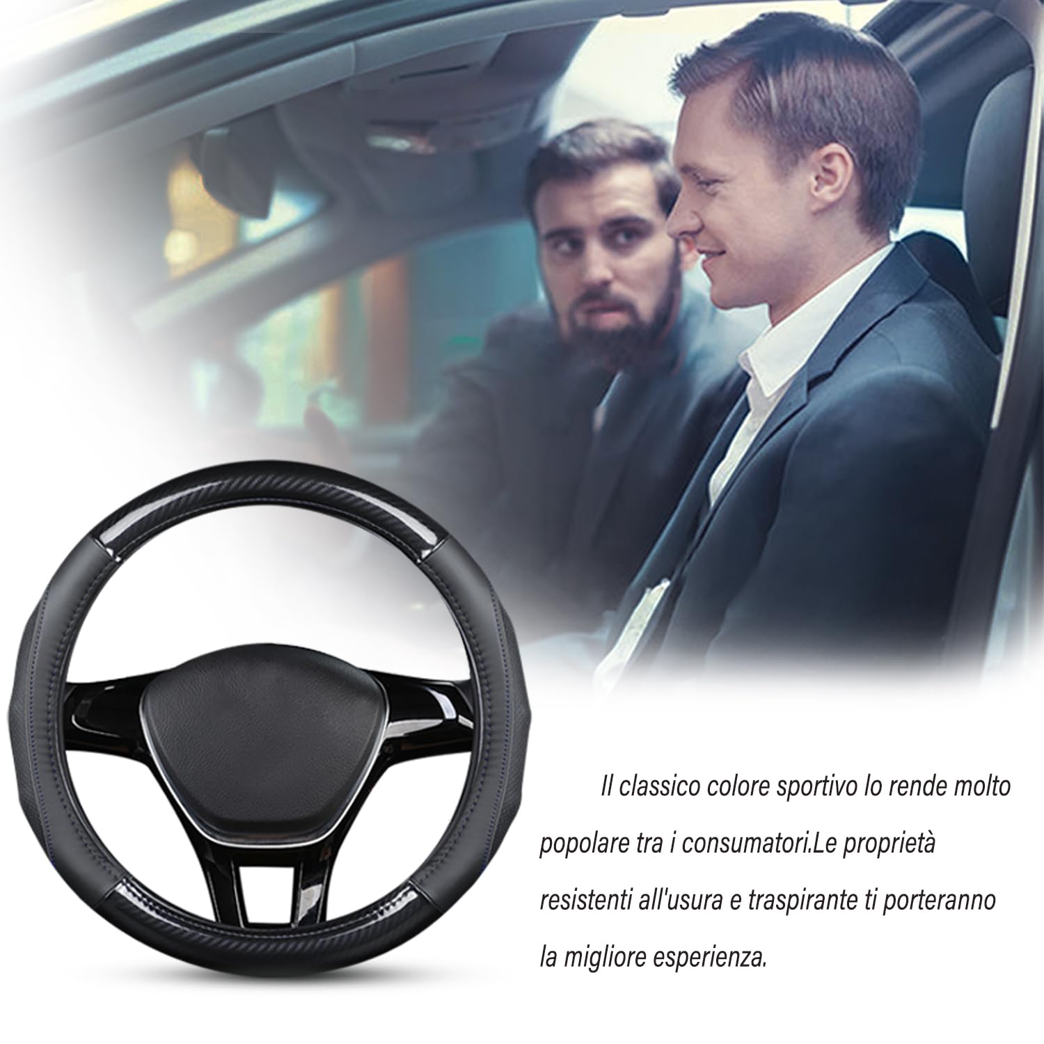 Ergocar Coprivolante per Auto Antiscivolo Protezione per Volante Auto D-Forma Fibra di Carbonio & Primo Strato di Pelle Bovina Universale per Diametro 38 Cm (15 ") (D-nero-rosso)