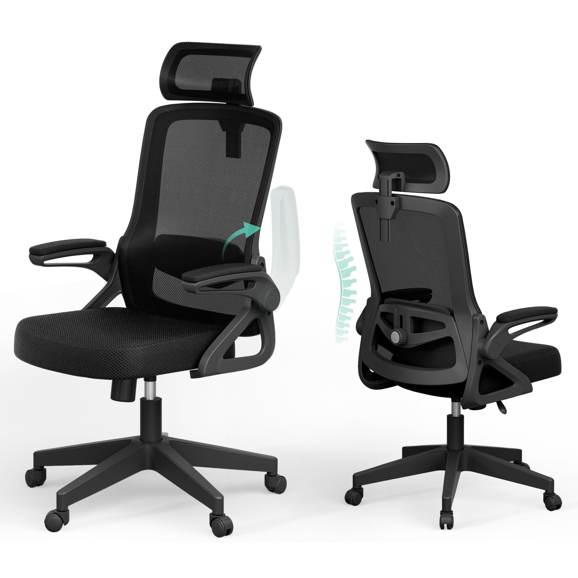Ergonomic Office Chair, S-Shaped Mesh Desk Chairs, Adjustable Headrest & Lumbar Support, 90°Flip-Up Armrest, Breathable High Back & Widened Cushion,Swivel Computer Chairs for Home/Study/Office