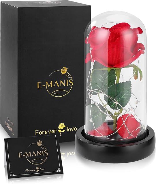 E-MANIS Enchanted Red Silk Rose,Beauty and the Beast Rose with Fallen Petals in A Light Dome,Home/Office or Home Decorations, Anniversary, Valentine's Day