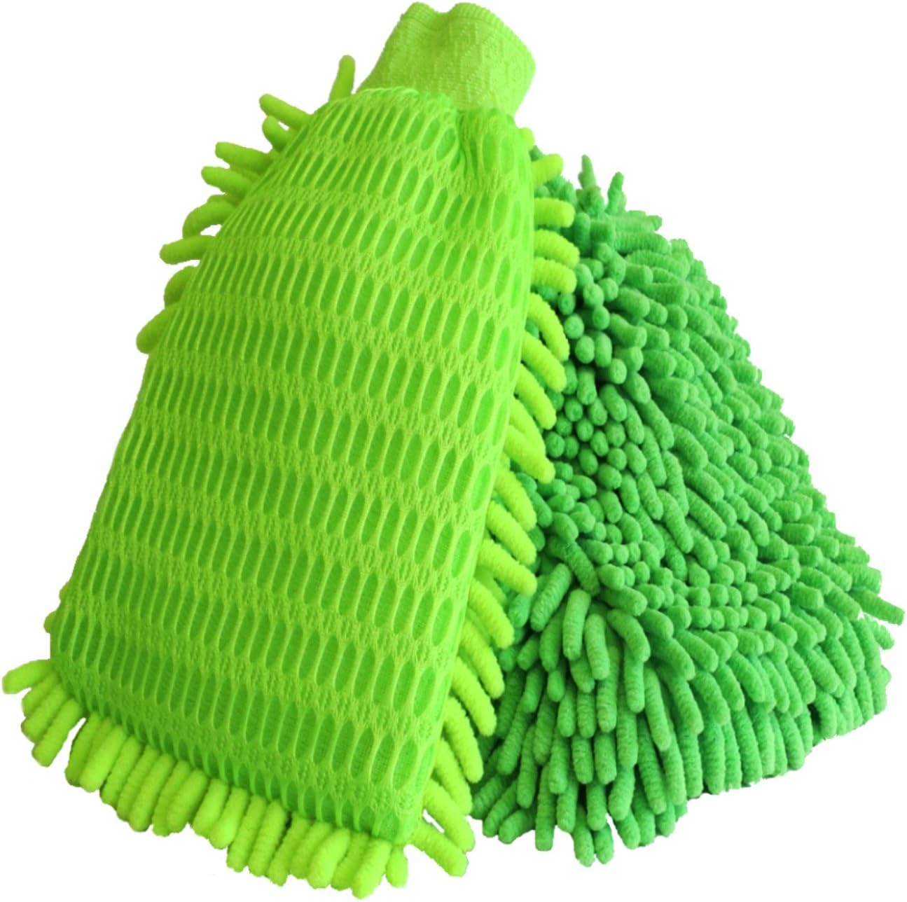 Super Car Wash Mitt - 2 Pack- Chenille Microfiber - 1 Dual Side Woven Mesh,1 Double Side. Auto Detailing, Lint Free, Scratch Free, Interior Exterior Polishing, Duster, Use Wet/Dry. Quality Guaranteed