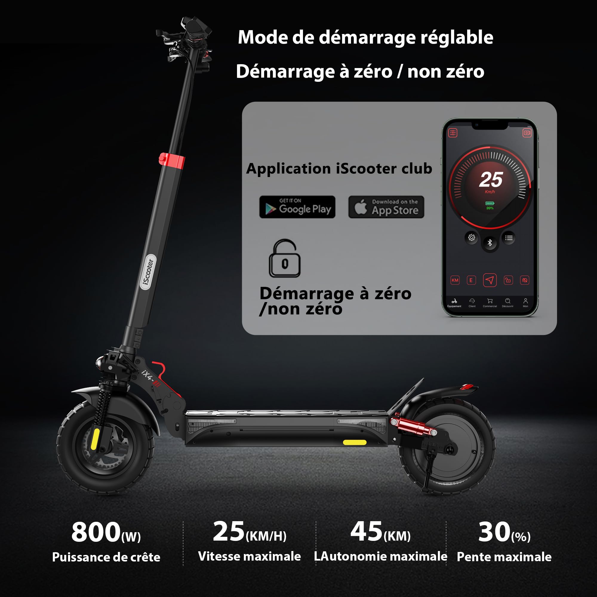 iScooter Trottinette Électrique Adulte 800W 10" Pliante | Moteur sans balais 800W, suspension quadruple, frein EABS + disque, APP Bluetooth