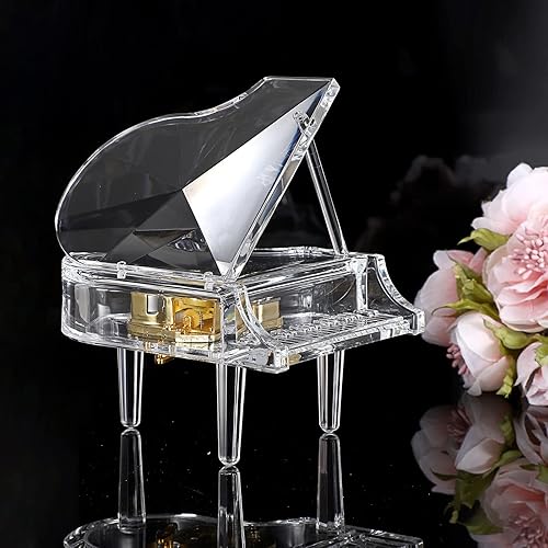 ELLDOO Piano Music Box, Mechanical Clockwork Decorative Piano Musical Box,Transparent Acrylic Piano Ornament Romantic Gift for Girl Women (Tune: You