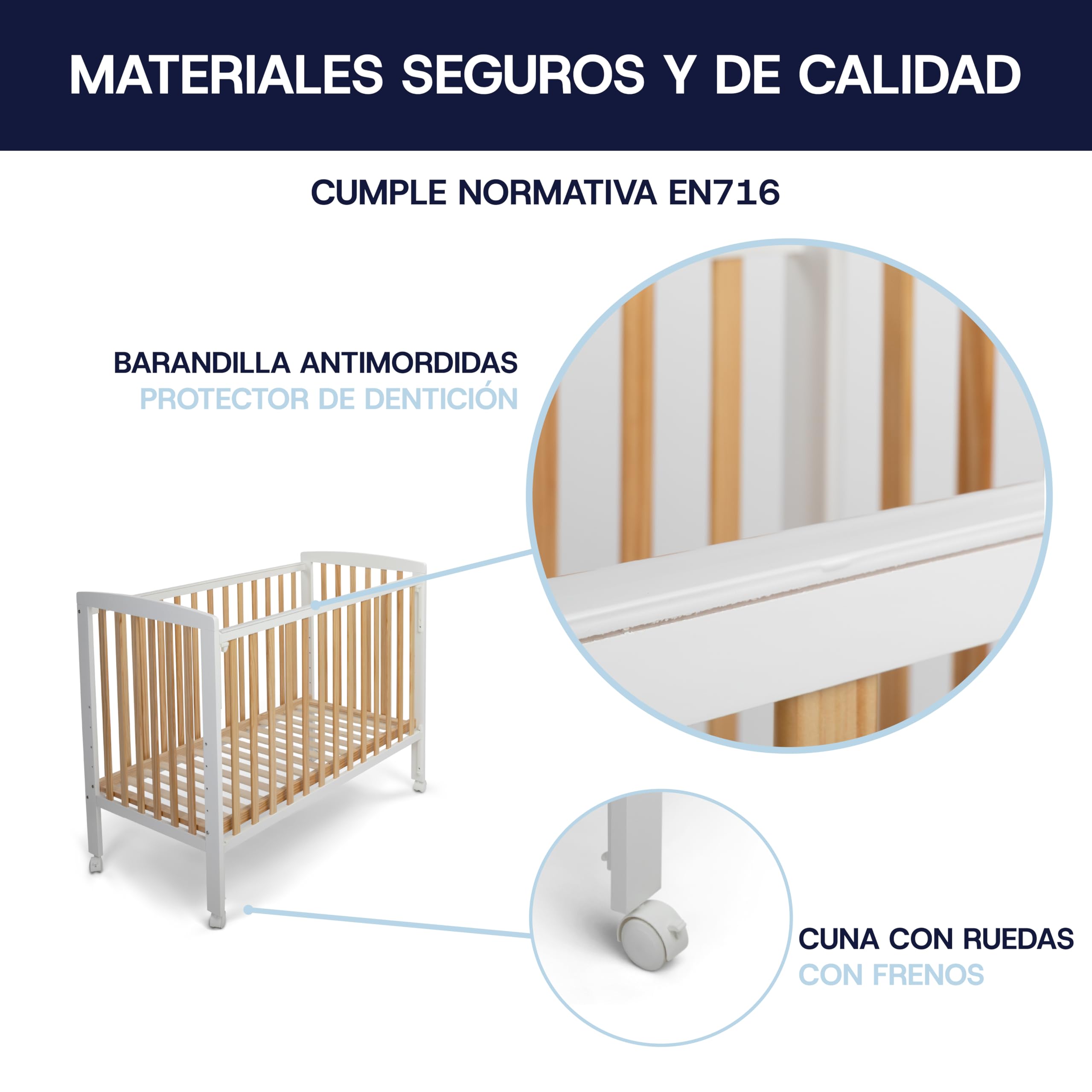 TORAL Cuna Bebe Madera Natural y Blanca - Cuna Colecho Bebe Modelo Verona - Varias Posiciones Lateral Deslizante y 5 Posiciones Somier - con Ruedas de Seguridad con Freno y Mordedor para Barandilla. — view 3