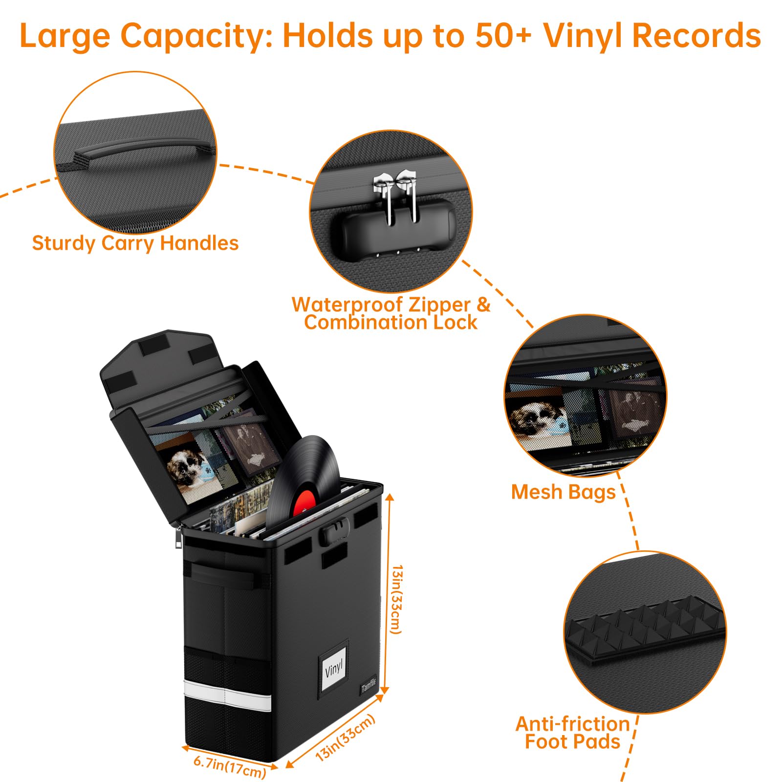 Tamfile Estuche de almacenamiento LP, caja de discos de vinilo ignífuga con cerradura, funda de transporte portátil plegable para DJ con cremallera impermeable con capacidad para hasta 50 + discos de
