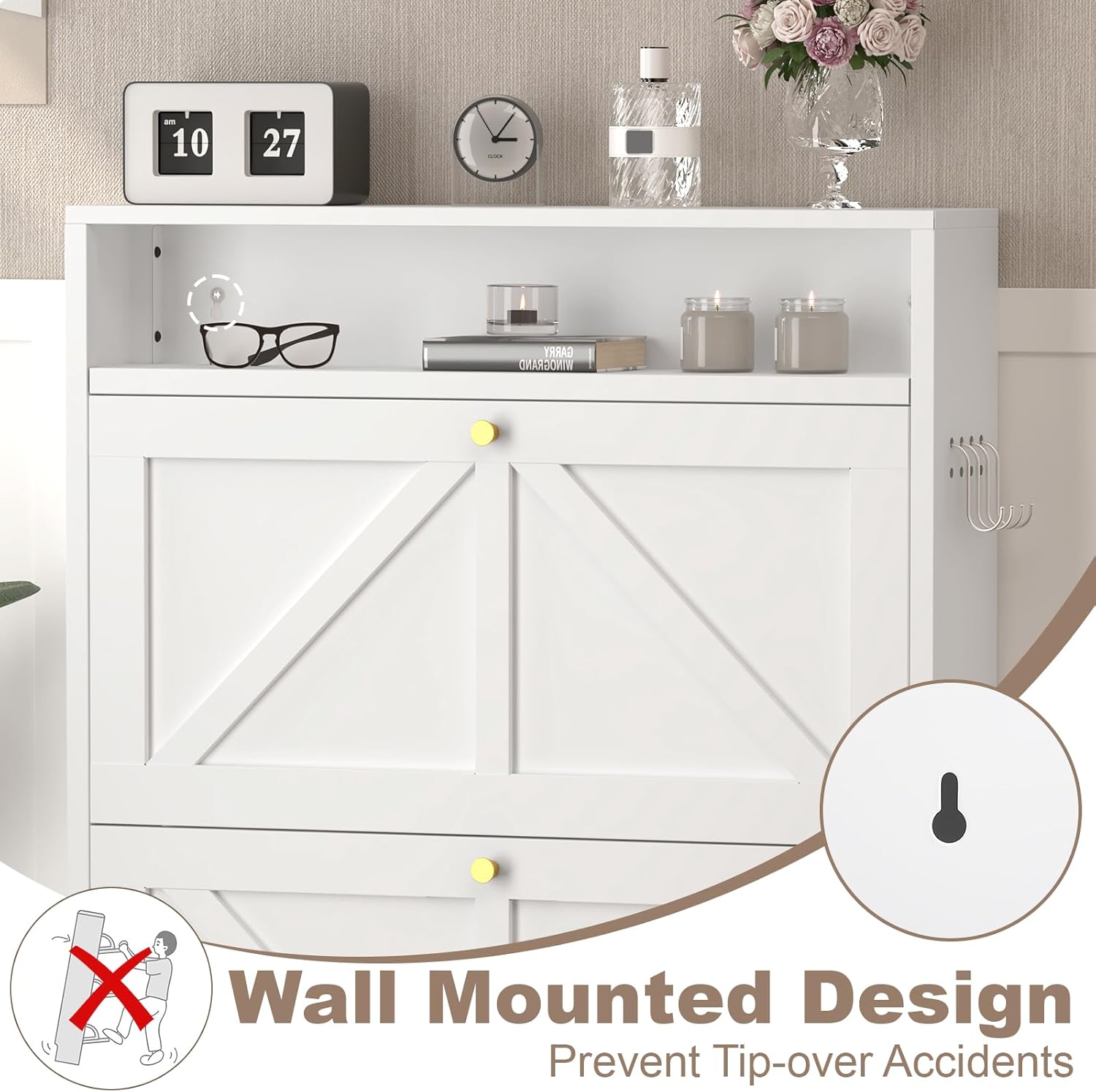 Hidden Shoe Rack, 2 Flip-Down Floating Shoe Storage Cabinet for Entryway, Behind Door Wall Mount Shoe Cabinet with Open Top Shelf & Prgboard, Space-Saving Slim Shoe Storage, Anti-Tip, White