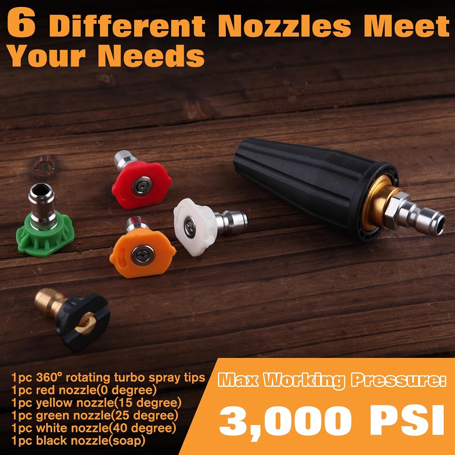 Pressure Washer Tips Turbo Nozzle, 360° Rotating Turbo Spray Tips for Power Washer 3600 PSI with 1/4" Quick Connect, 5 Multiple Degrees(0,15,25,40,Soap) Power Washer Nozzle Tips for Concrete