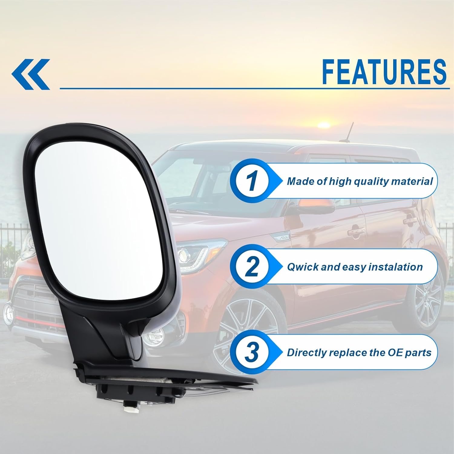 Left Driver Side Mirror Compatible With 2014 2015 2016 2017 2018 2019 Kia Soul With Manual Folding Power Glass Black Replace#87610B2500(3Pins)