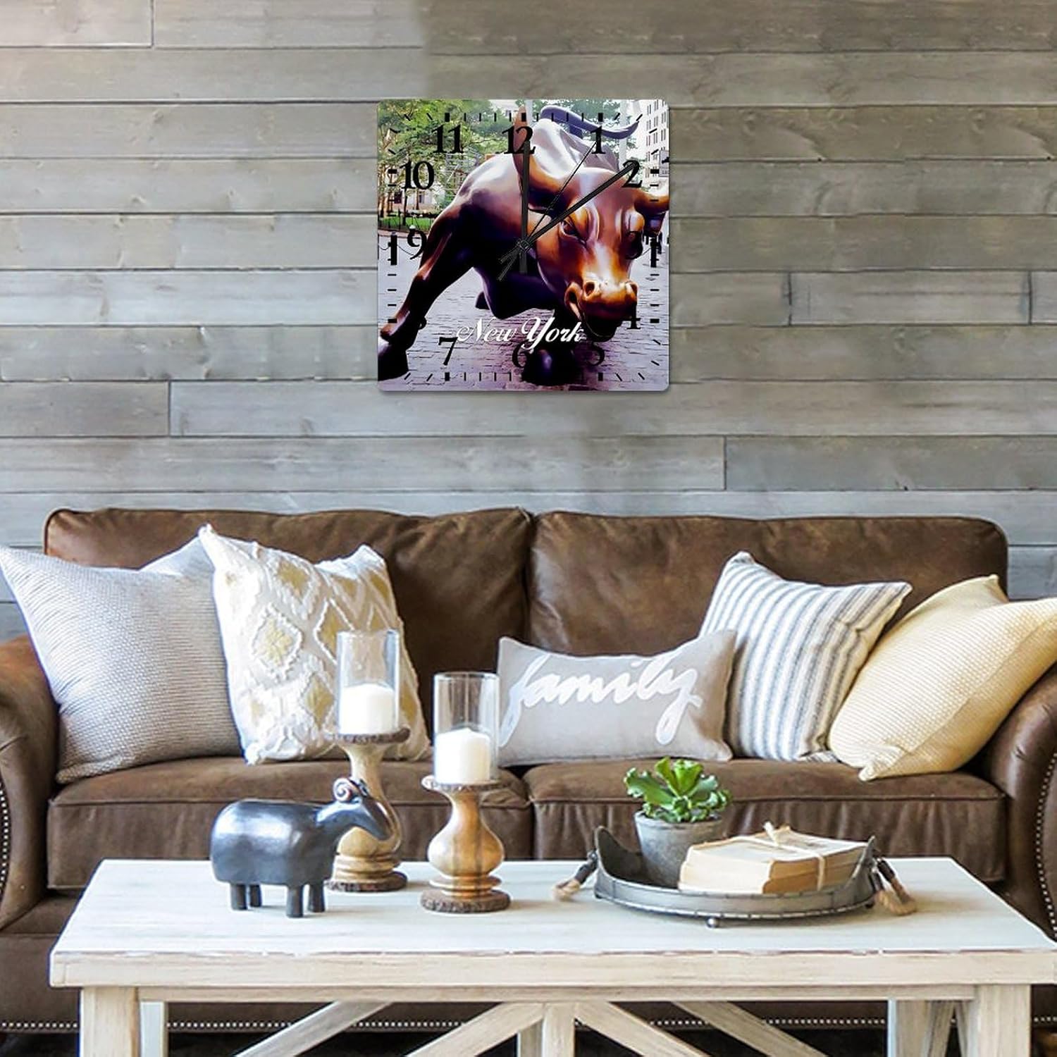 New York Clock New York City View Large Wooden Wall Clock Battery Operated Silent 15 Inch Farmhouse Wall Clock Decorative for Home Kitchen Living Room Bedroom Office